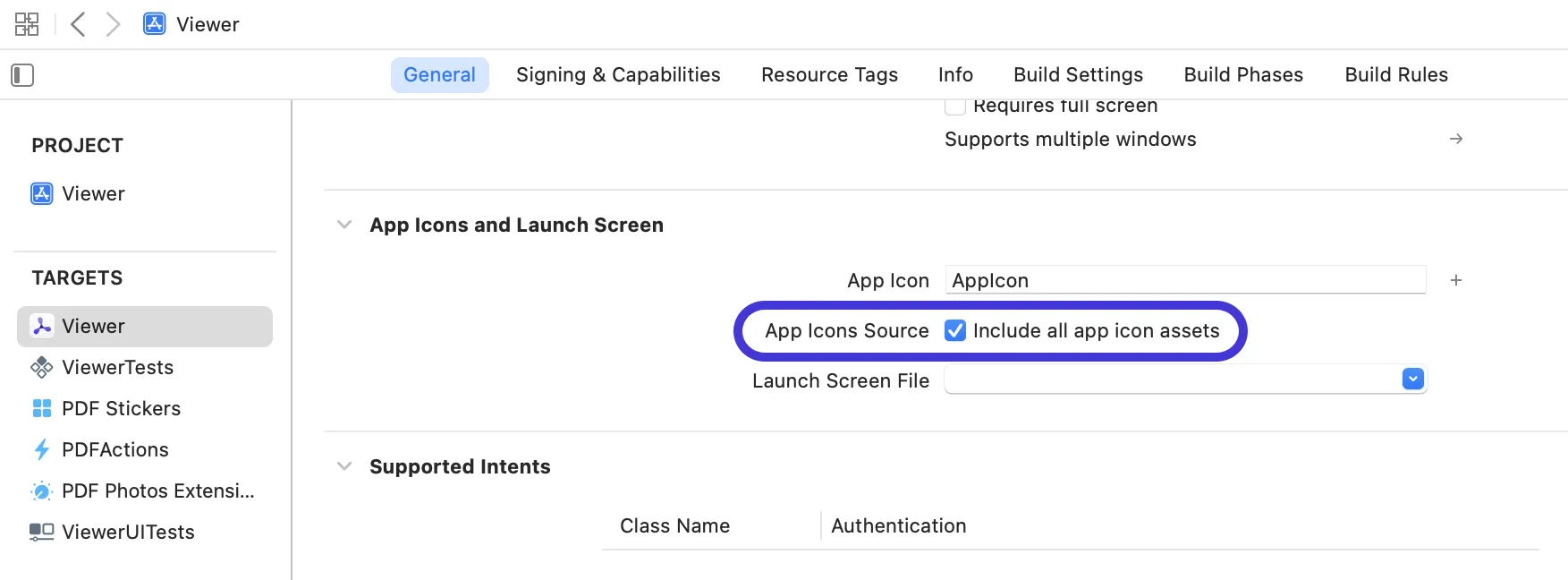 Screenshot of Xcode build settings showing the enabled setting App Icons Source: Include all app icon assets