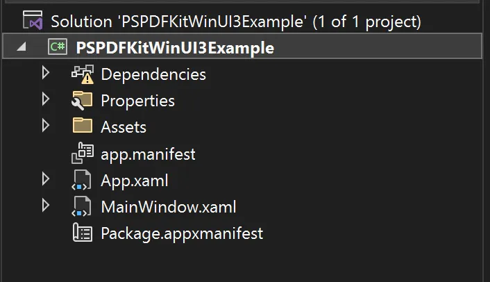 Solution Explorer showing the initial WinUI3 project structure with Assets folder and MainWindow files