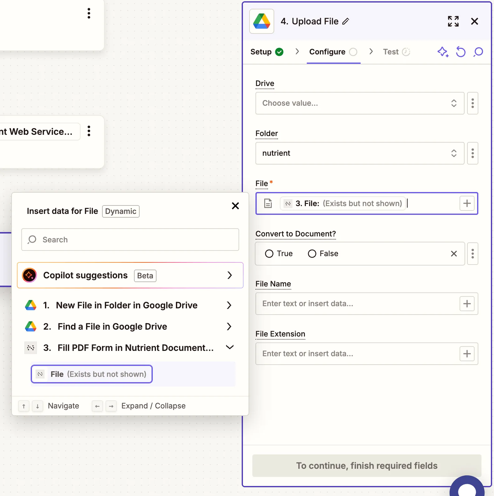 Map the output PDF to Google Drive upload step