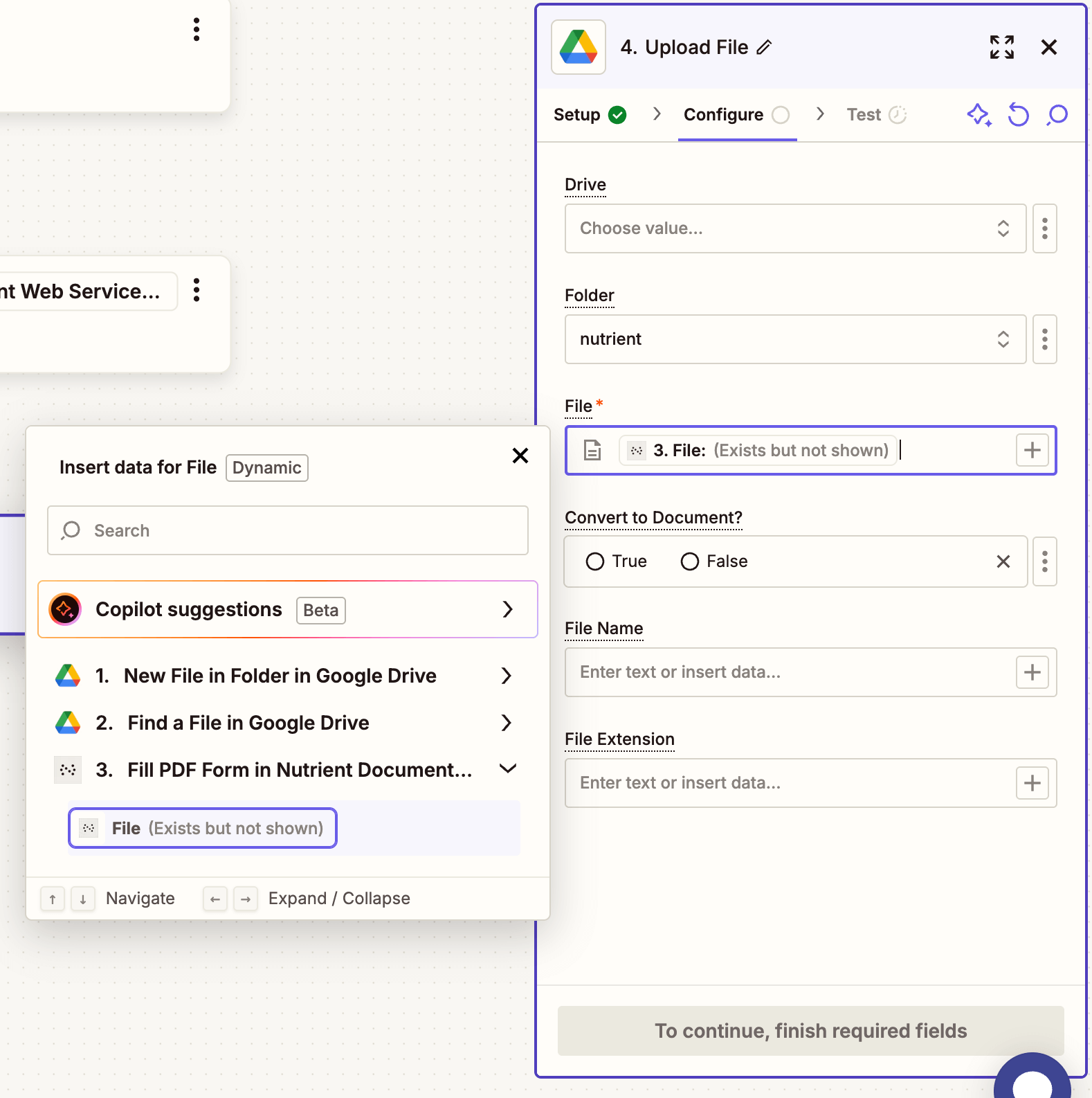 Map the output PDF to Google Drive upload step