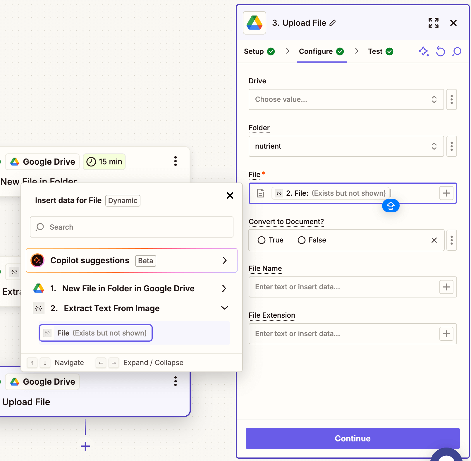 Upload step showing extracted file mapped for saving