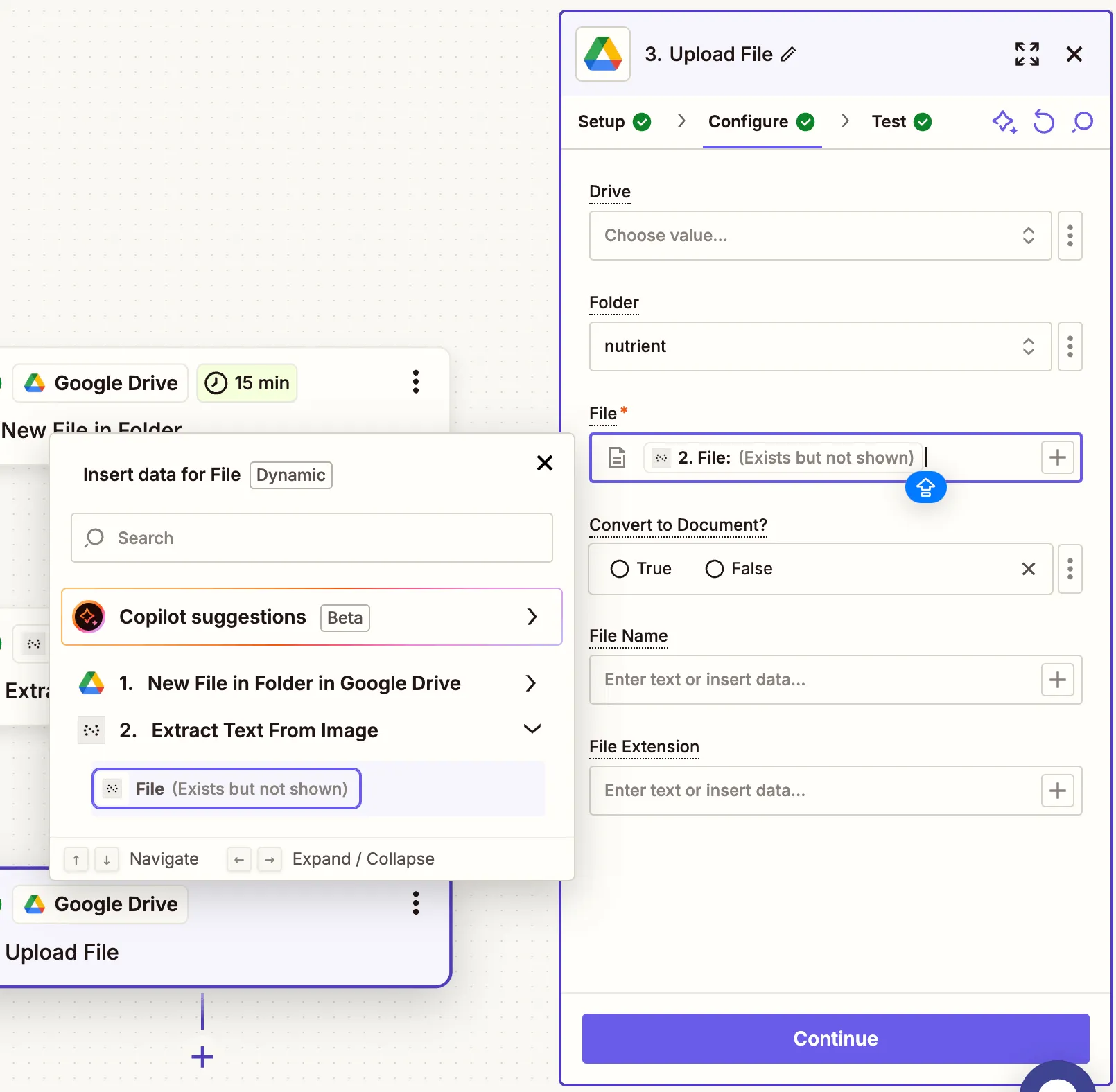 Upload step showing extracted file mapped for saving