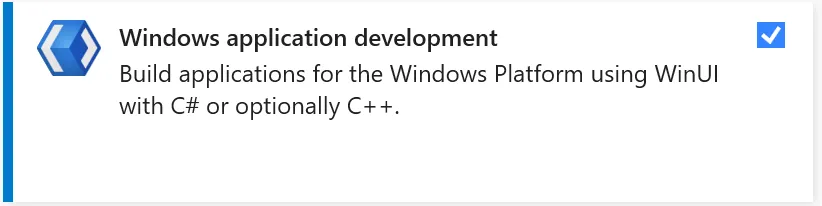 Visual Studio installer showing Windows application development component selected
