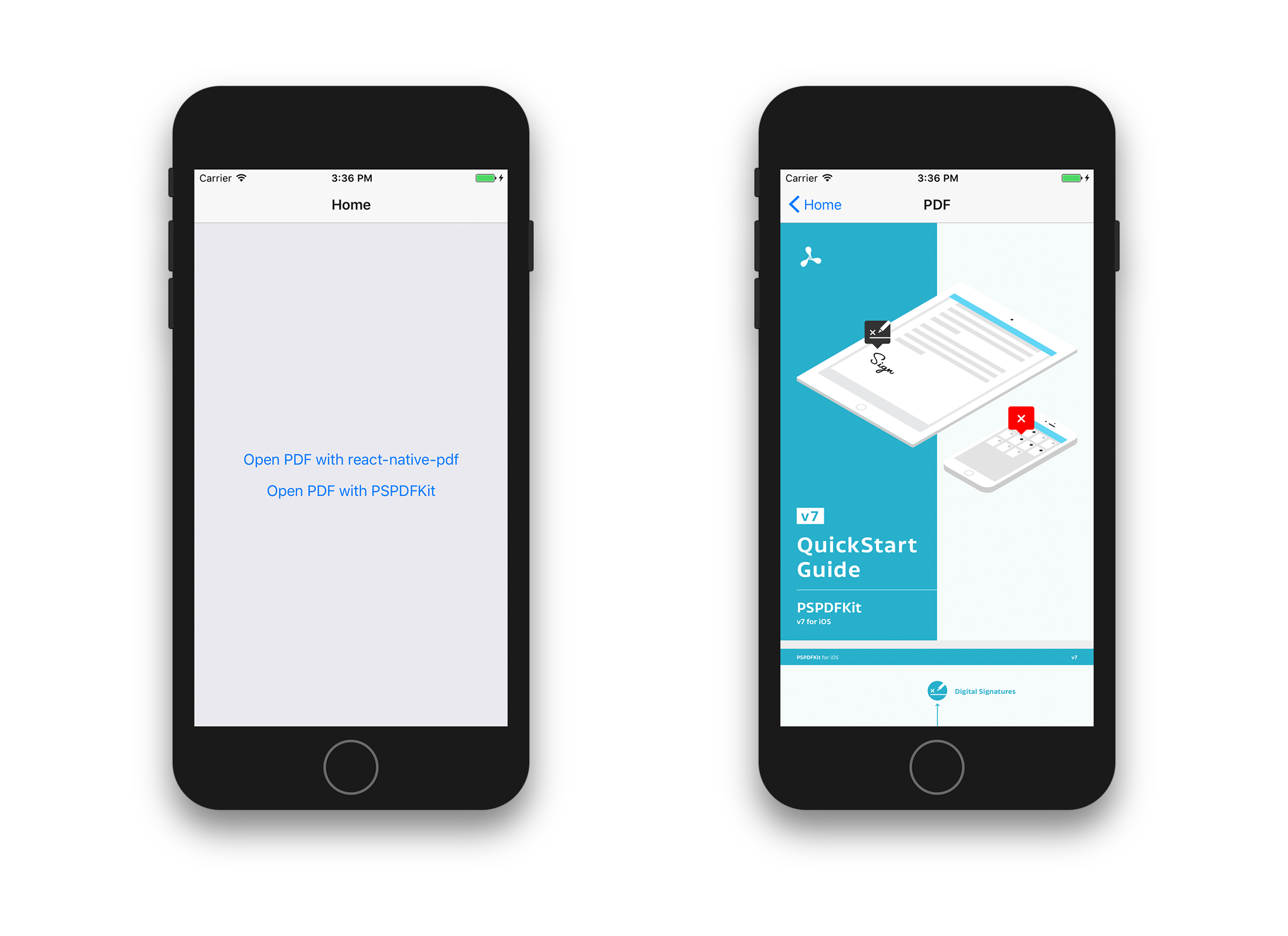 react-native-pdf viewer displaying a PDF document on iOS