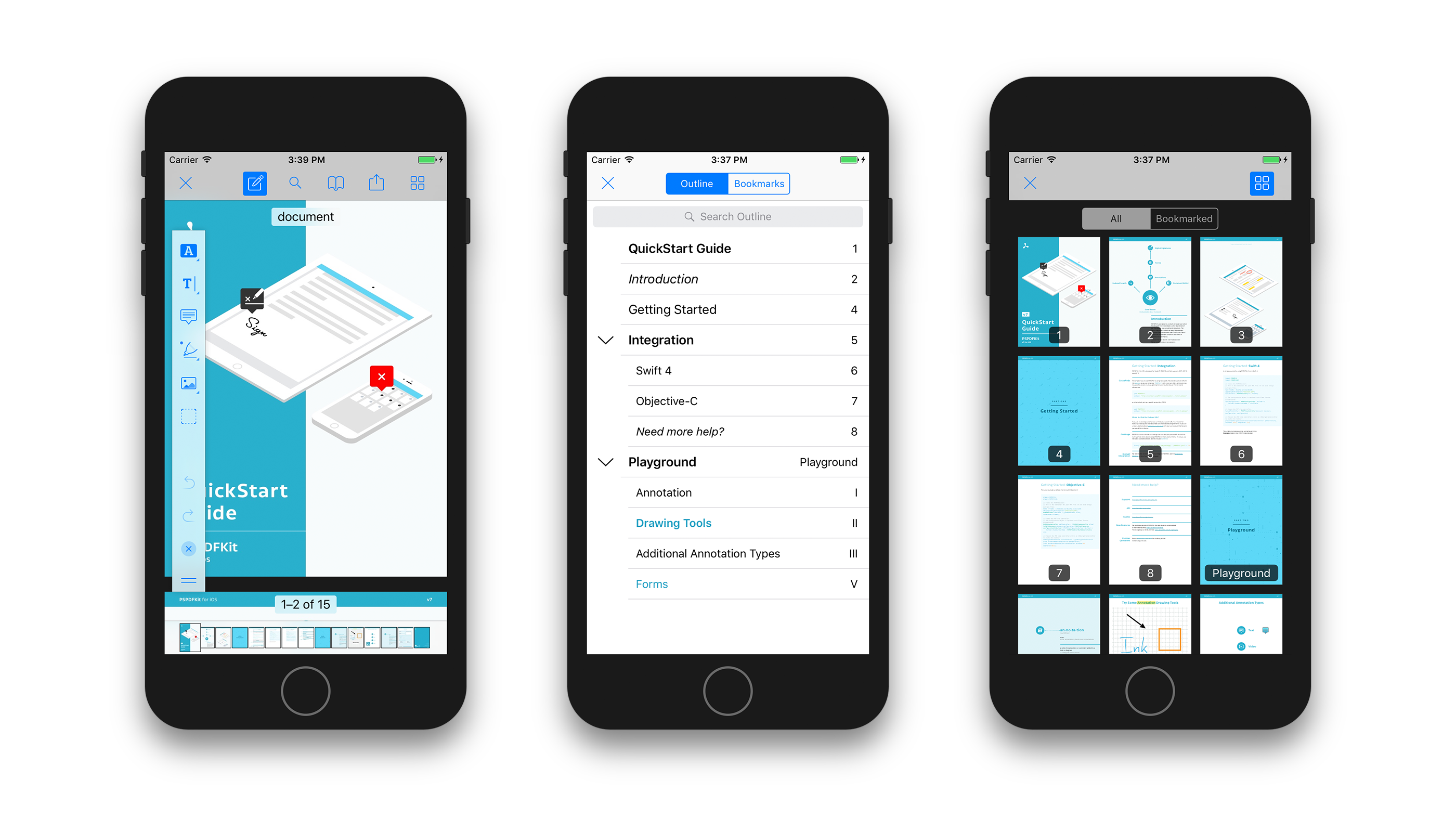 The Nutrient React Native PDF viewer on iOS showing annotations and document outline
