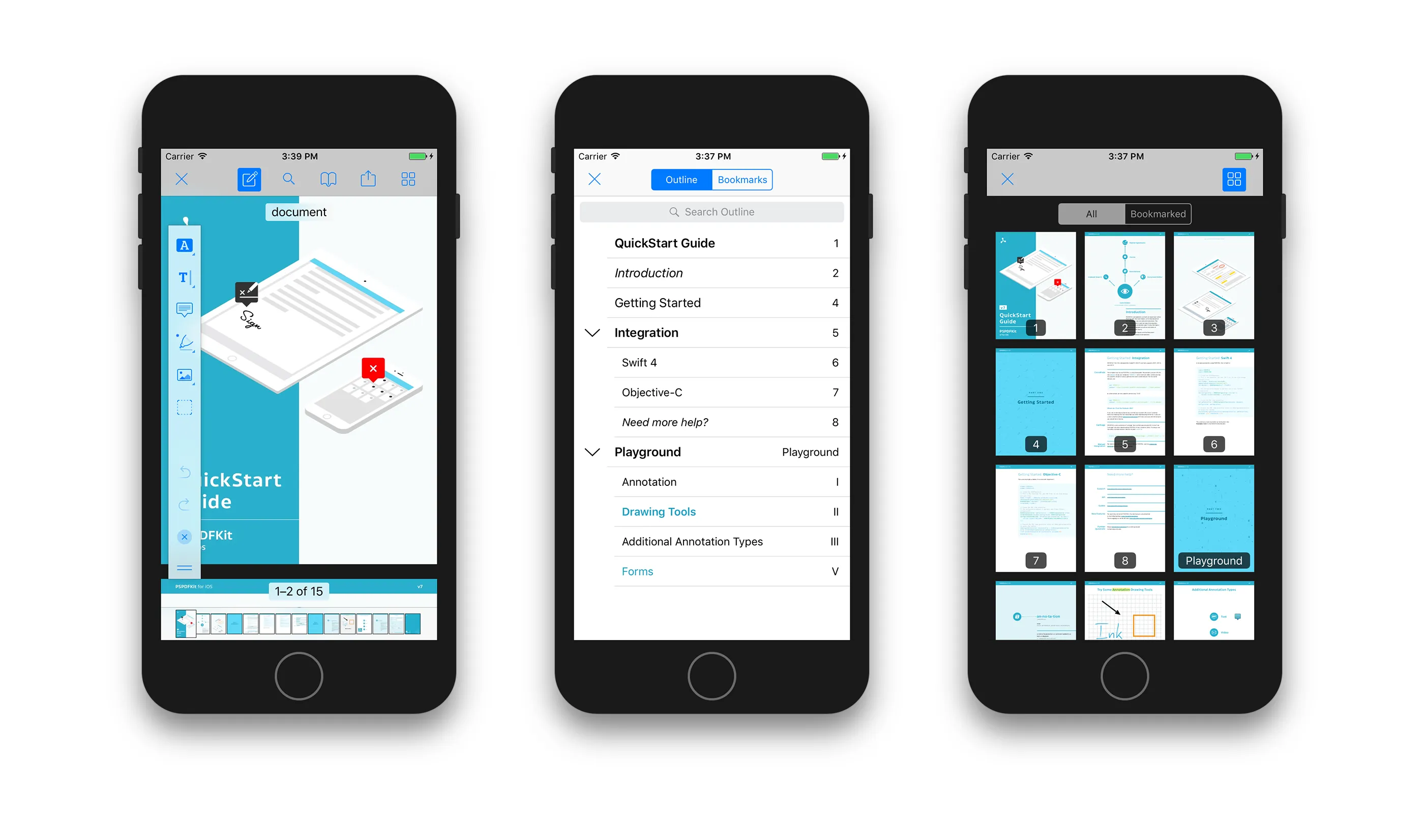 The Nutrient React Native PDF viewer on iOS showing annotations and document outline