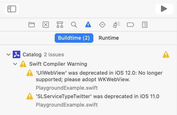 Screenshot of Xcode issues navigator. Catalog 2 issues: Swift Compiler Warning: 'UIWebView' was deprecated in iOS 12.0: No longer supported; please adopt WKWebView. 'SLServiceTypeTwitter' was deprecated in iOS 11.0