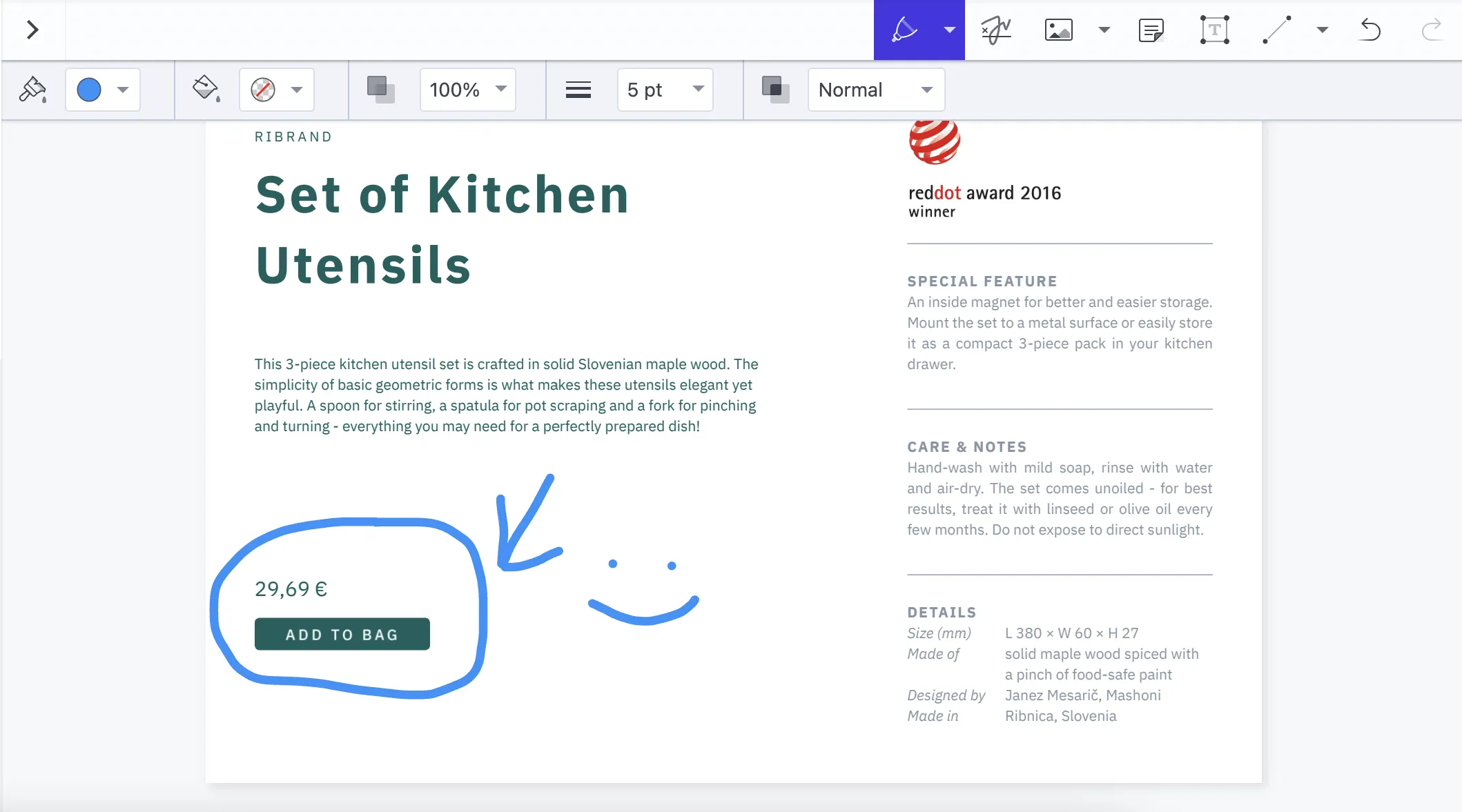 Drawing on a PDF, with the toolbar showing the annotation tool options