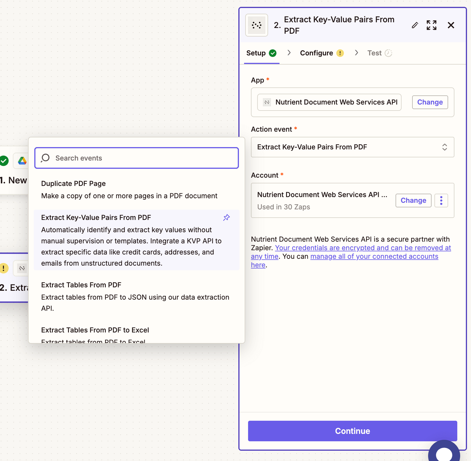 Select Extract KVPs from PDF as the action