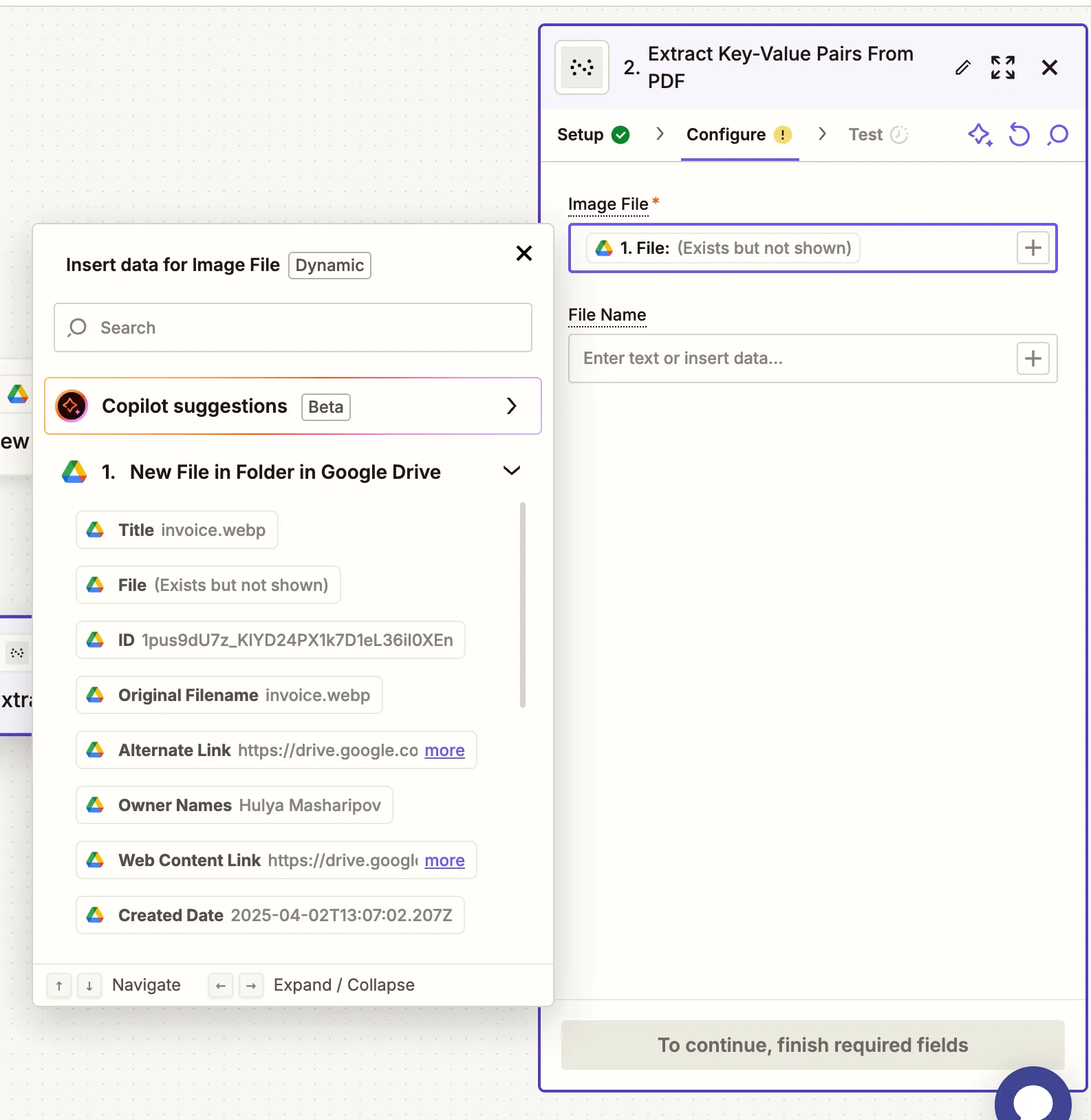 Map the file URL and output name fields