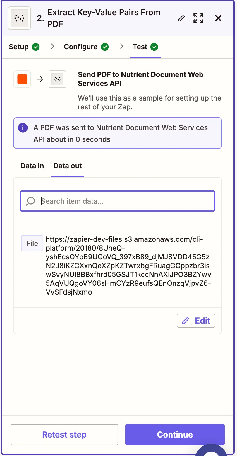Test shows JSON with extracted KVPs