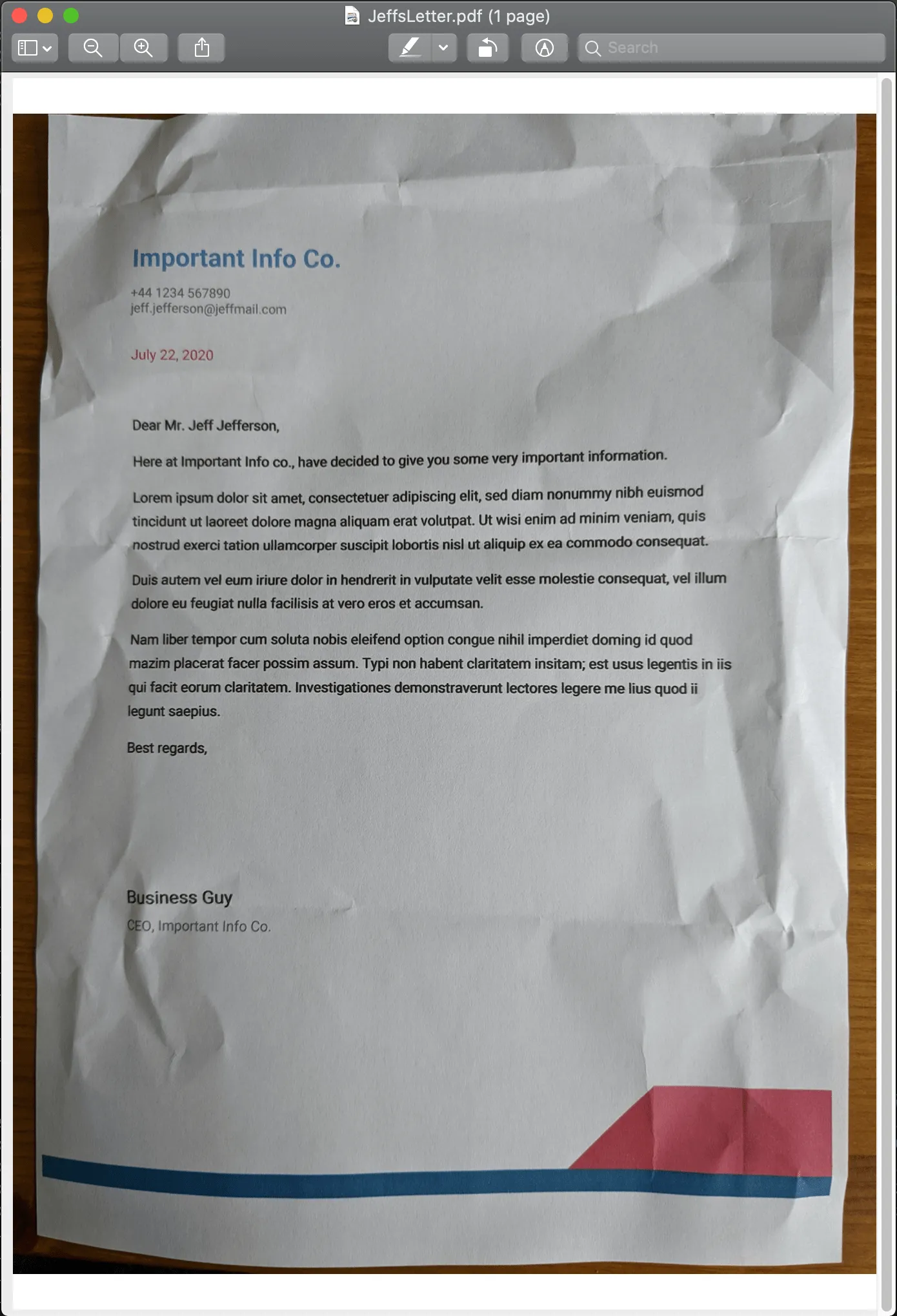 Jeff’s letter photograph before processing