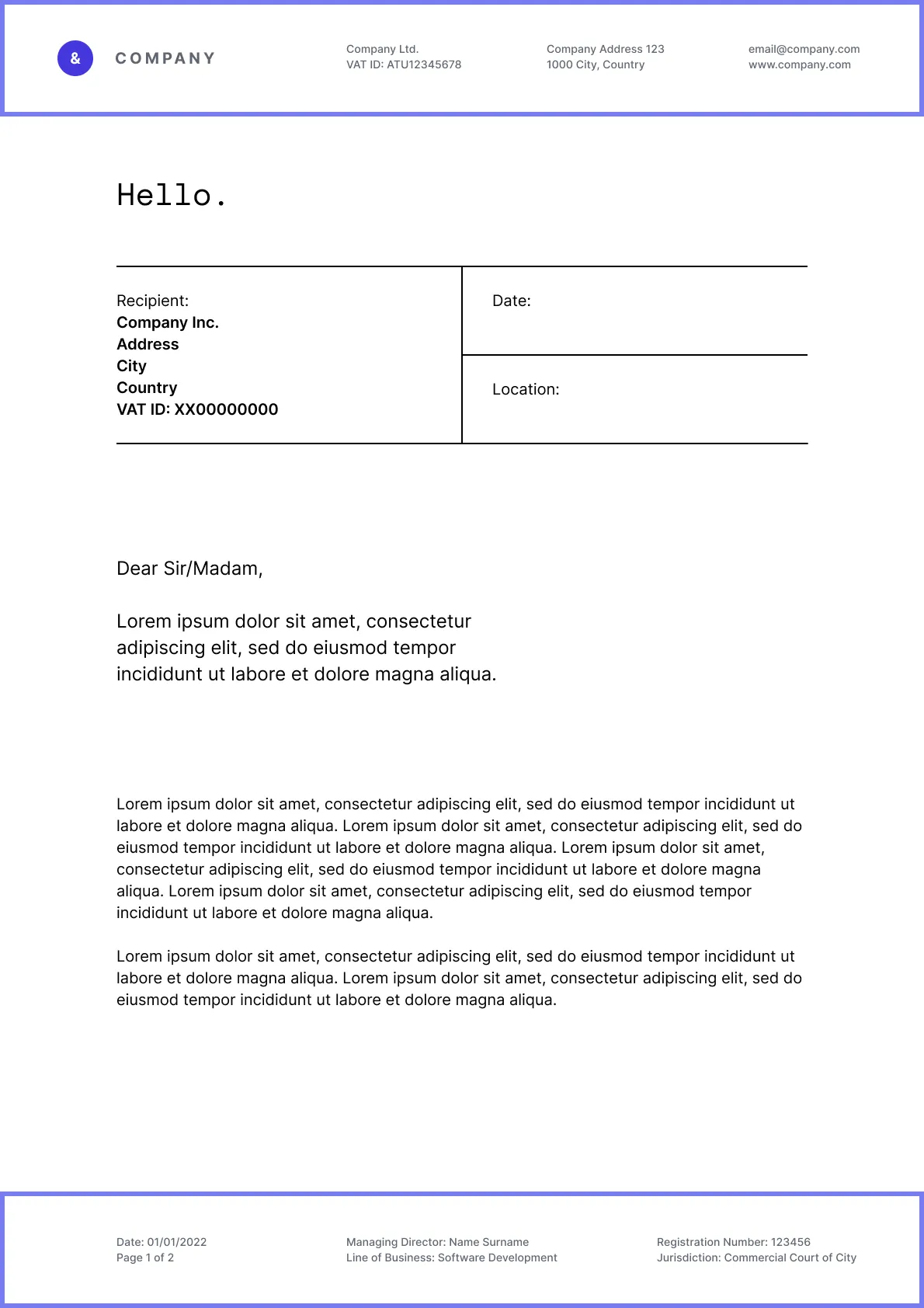 Example of a more elaborate header and footer letter