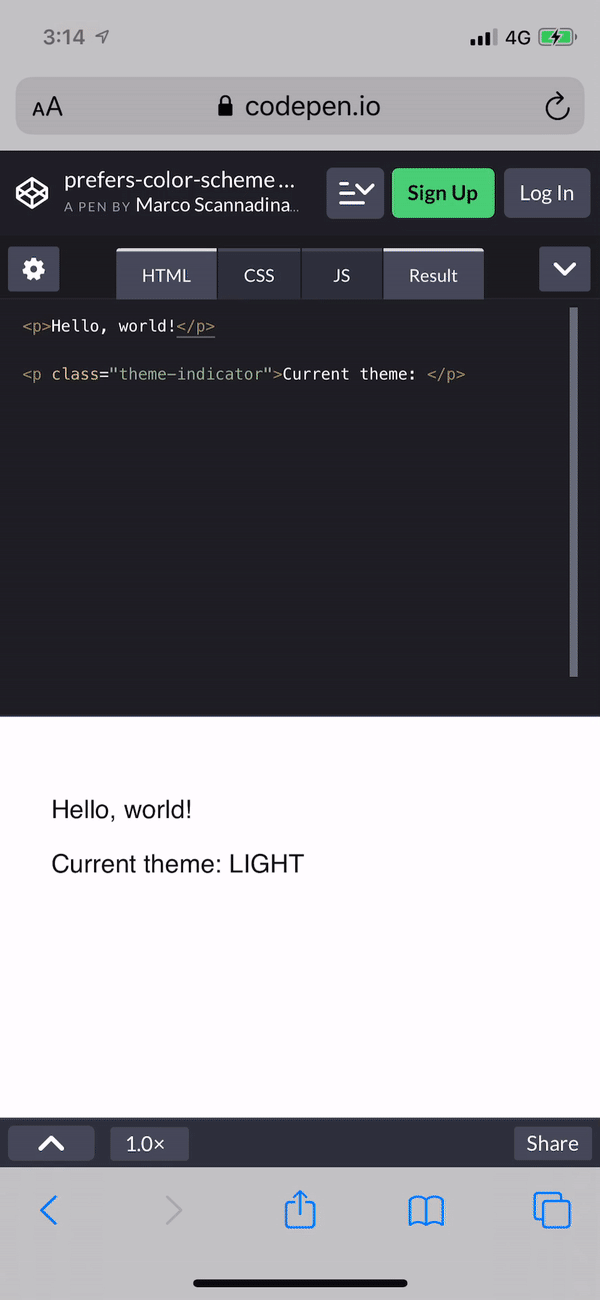 Toggling light and dark modes on Safari