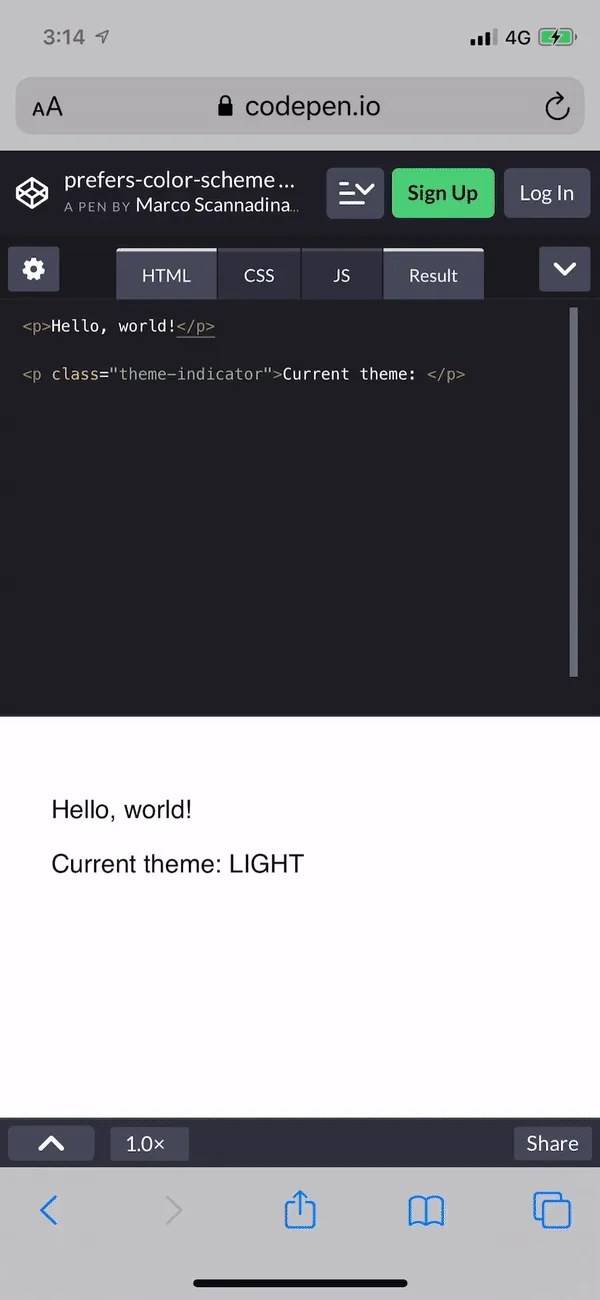 Toggling light and dark modes on Safari