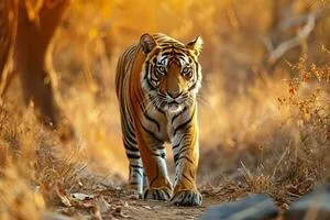 A tiger walks on a forest path, surrounded by trees and warm light. Its black and orange stripes stand out.