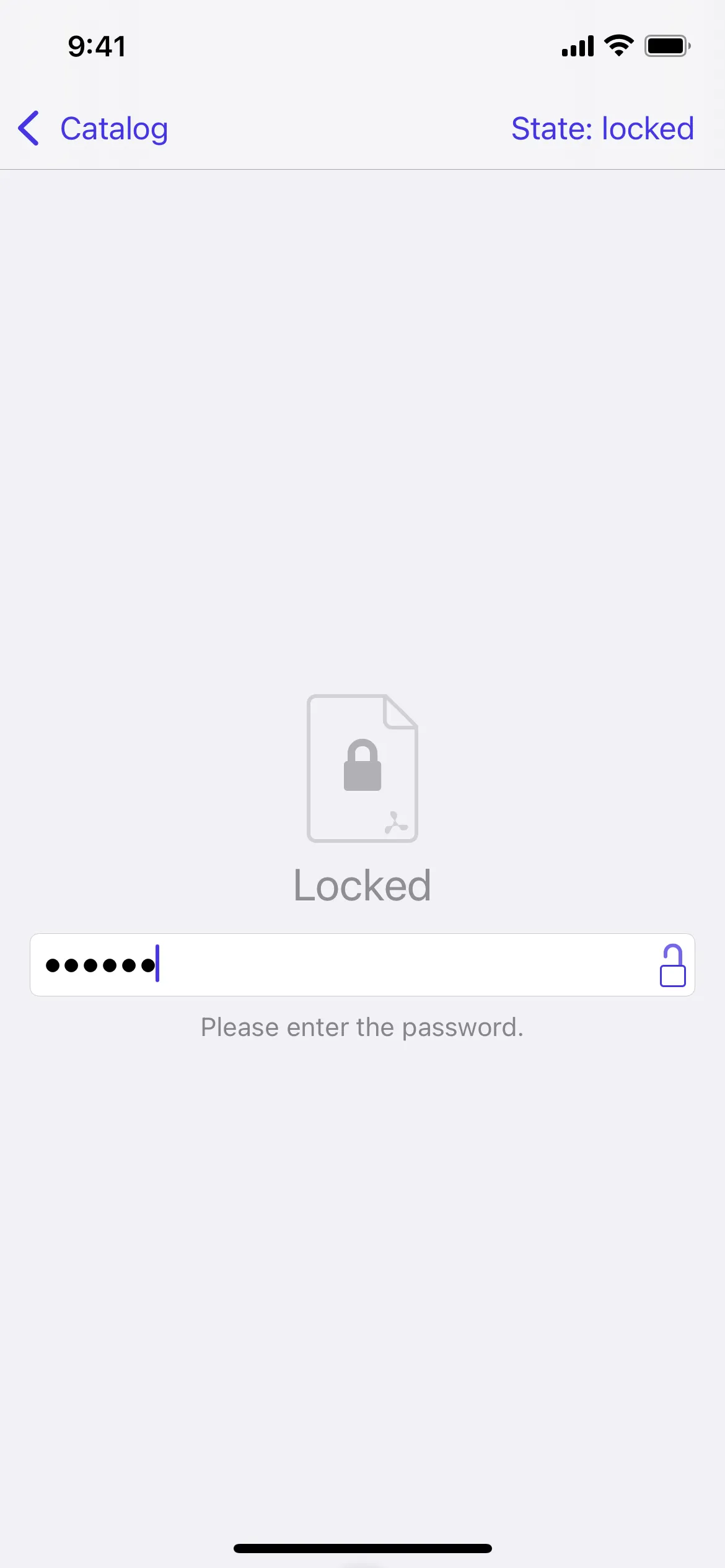 Screenshot of locked state with a password text field. Locked: Enter the password.