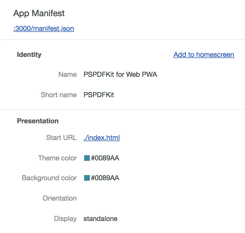 "Screenshot of the App Manifest"