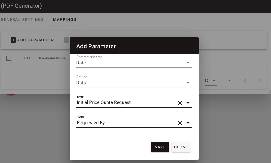 Mappings tab showing parameter name field selection with data source options