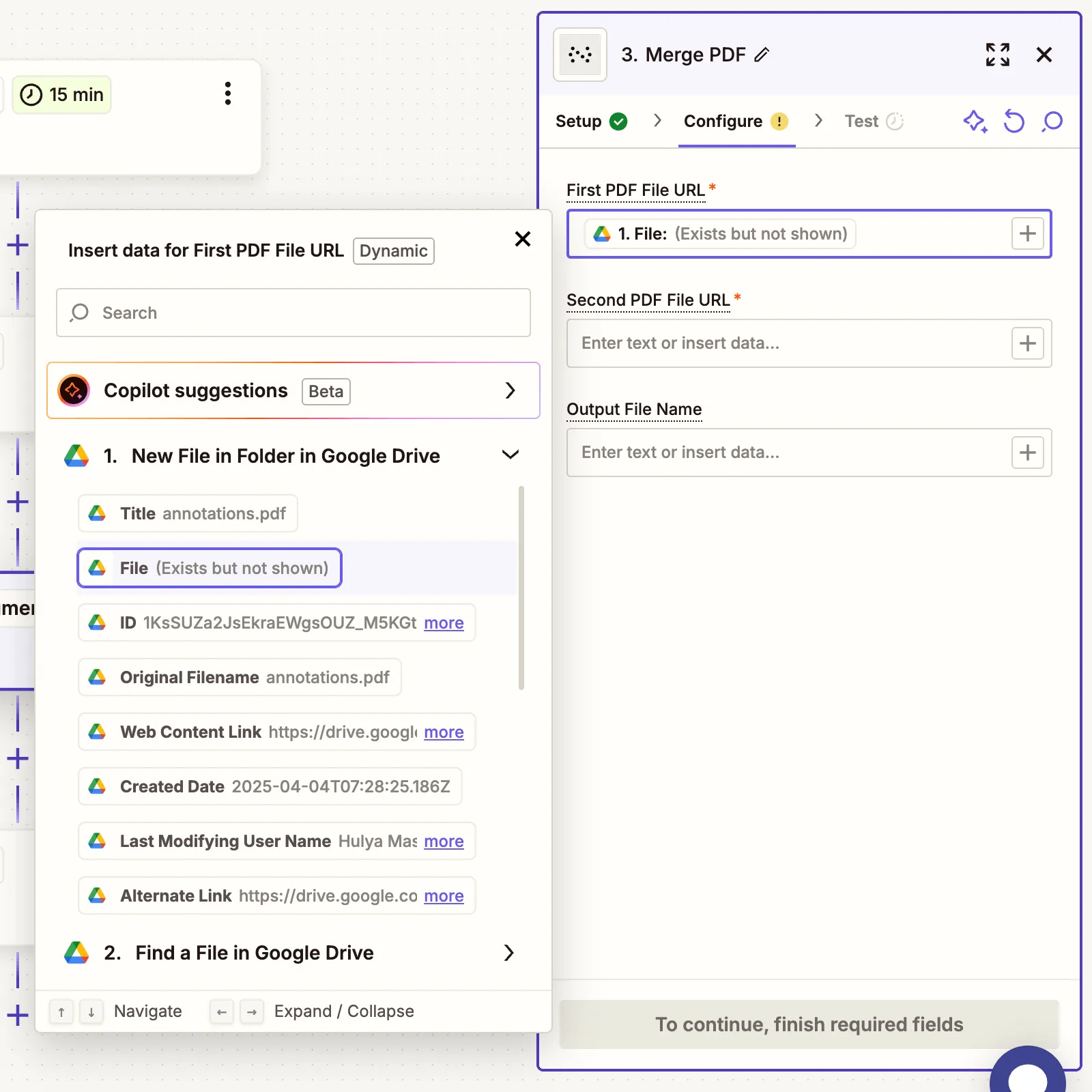 Mapped merge action fields in Zapier step