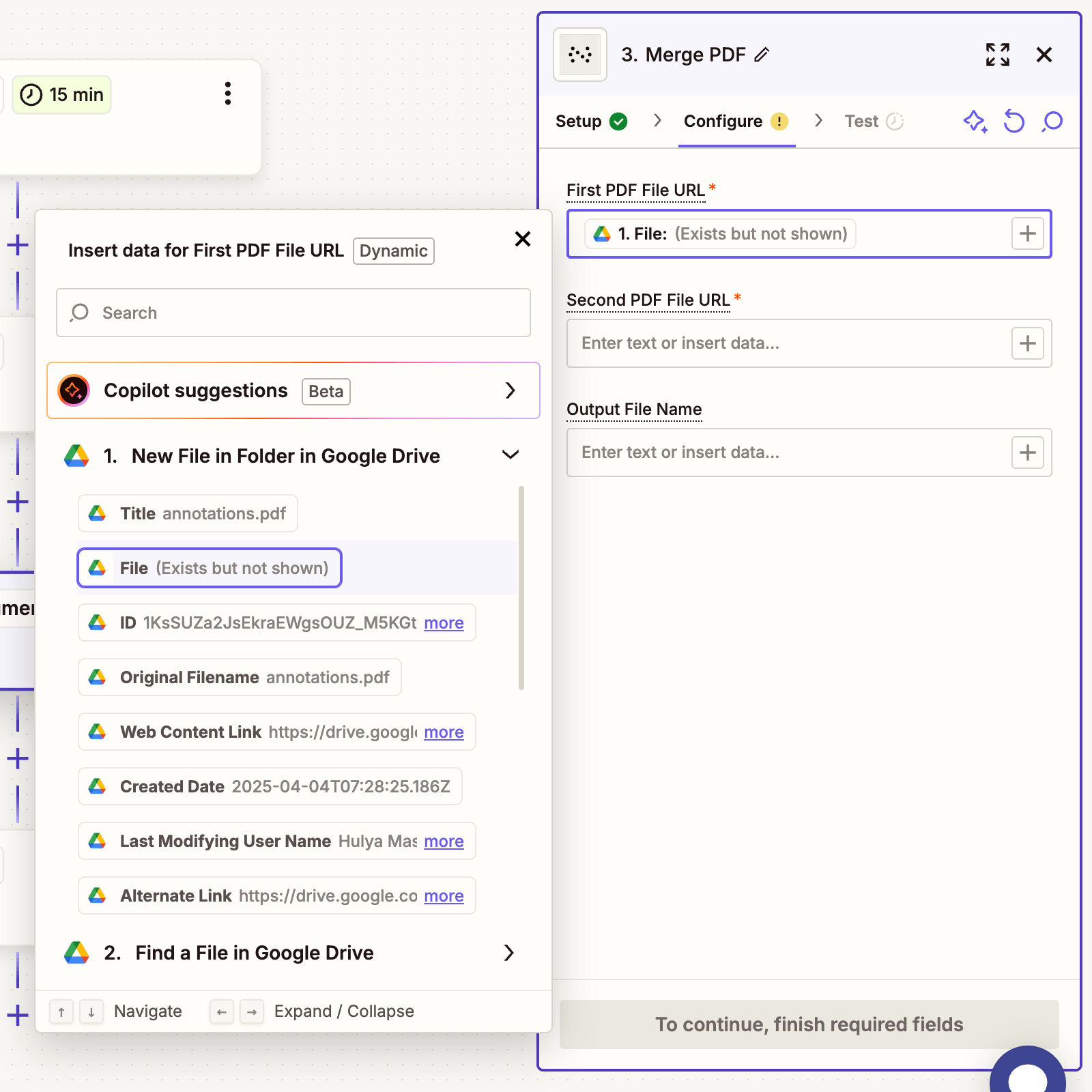 Mapped merge action fields in Zapier step