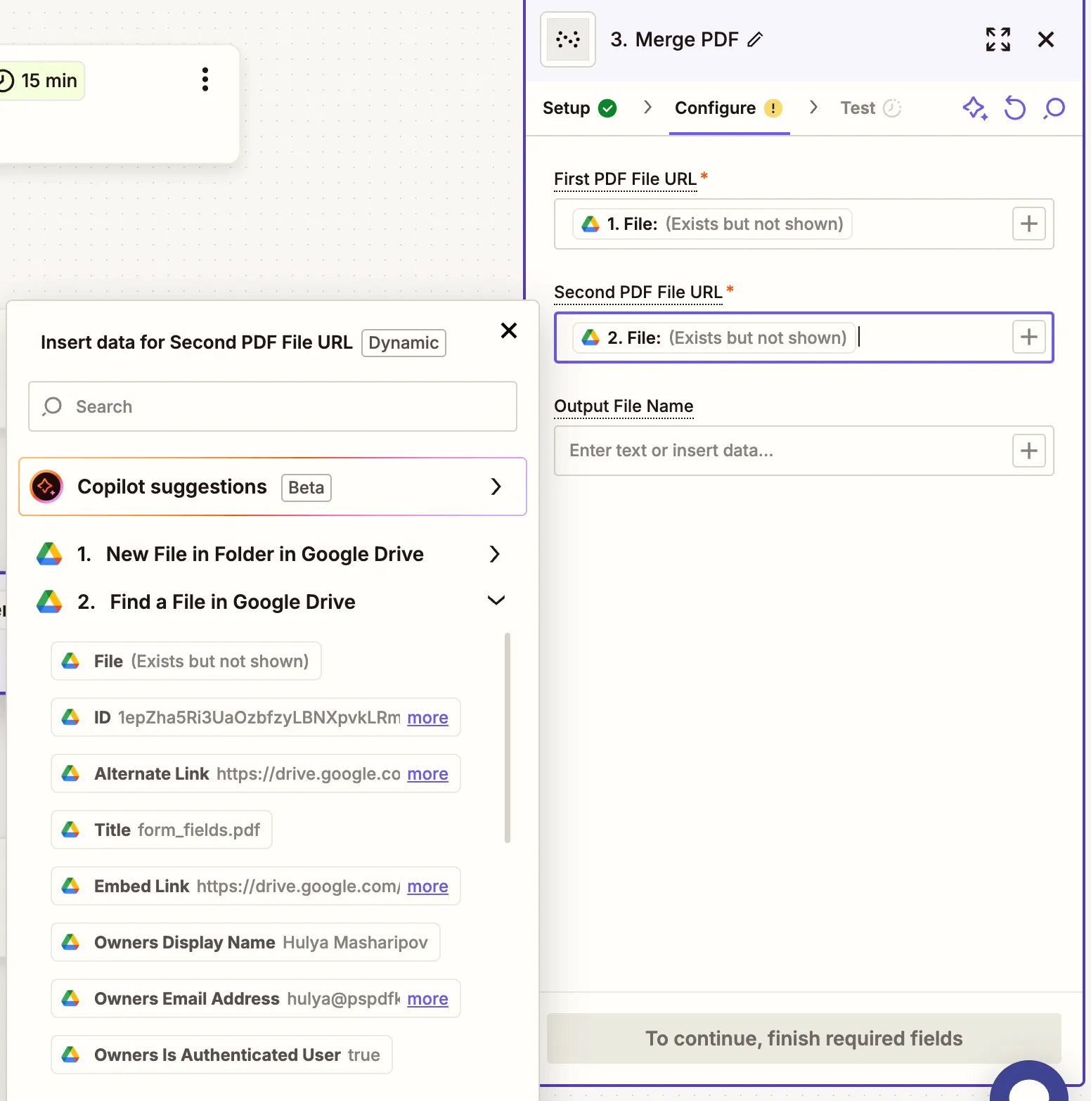 Mapped merge action fields in Zapier step