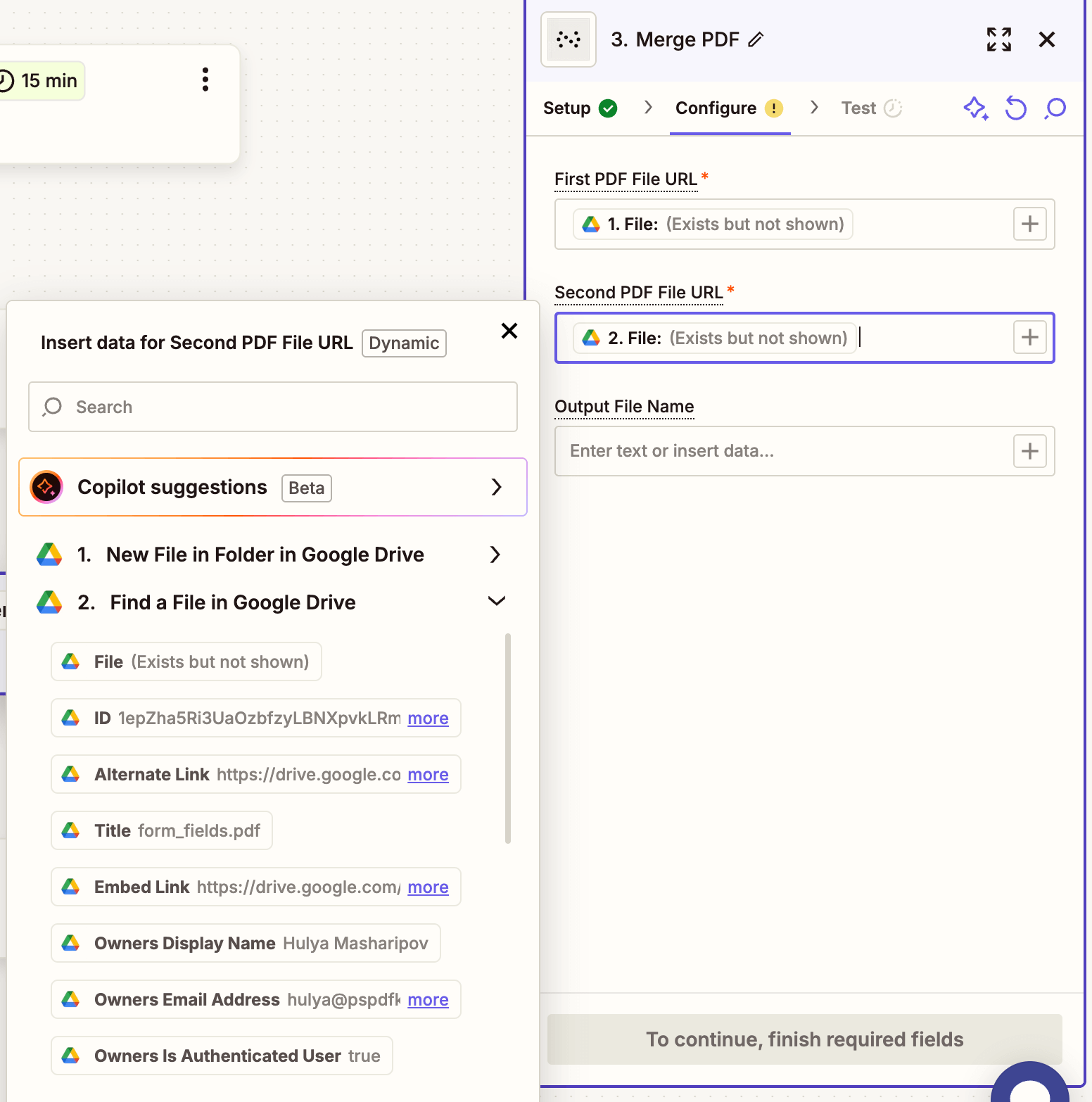 Mapped merge action fields in Zapier step