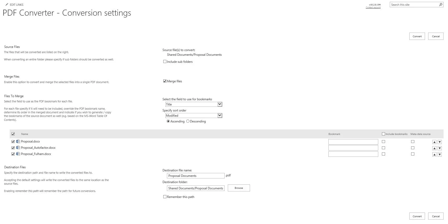 conversion settings page