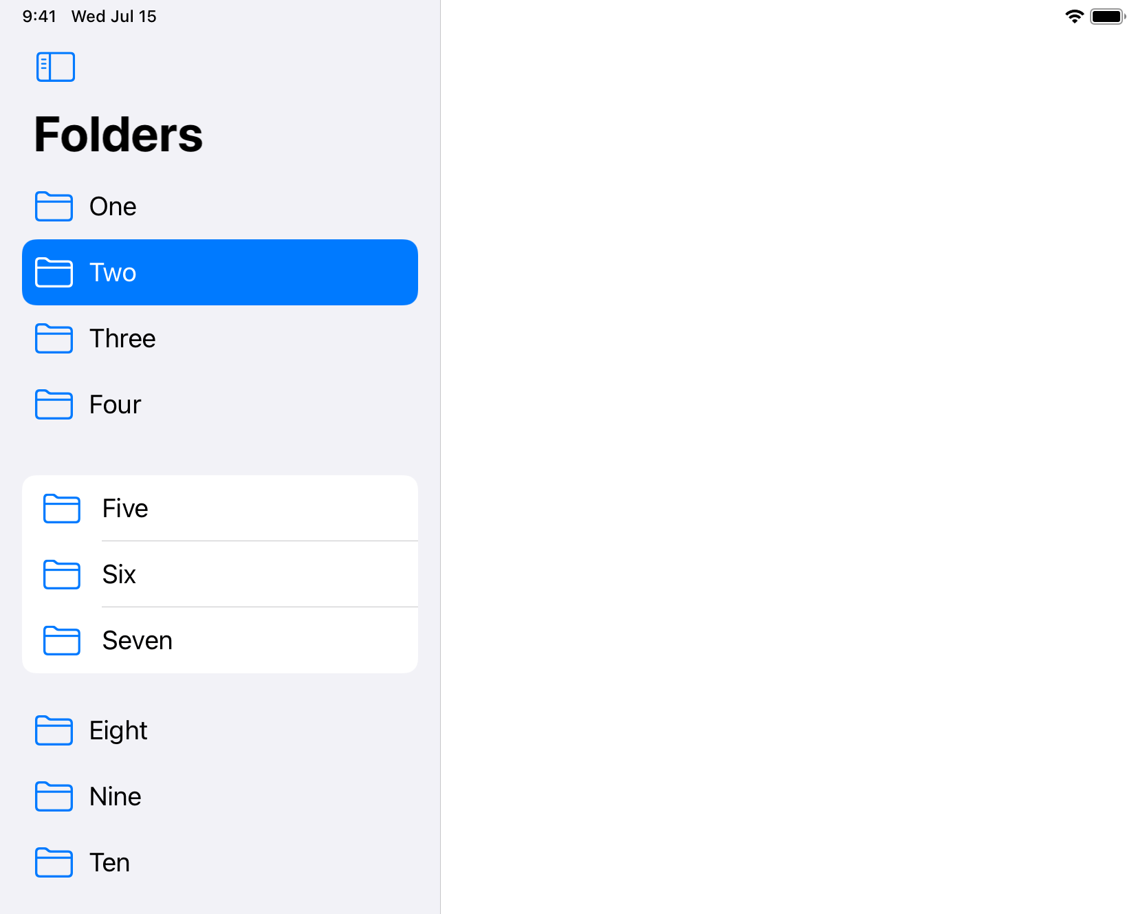 Screenshot of a sidebar showing four cells styled as regular sidebar cells, followed by three cells using the inset grouped style, followed by three cells using the regular sidebar style again.