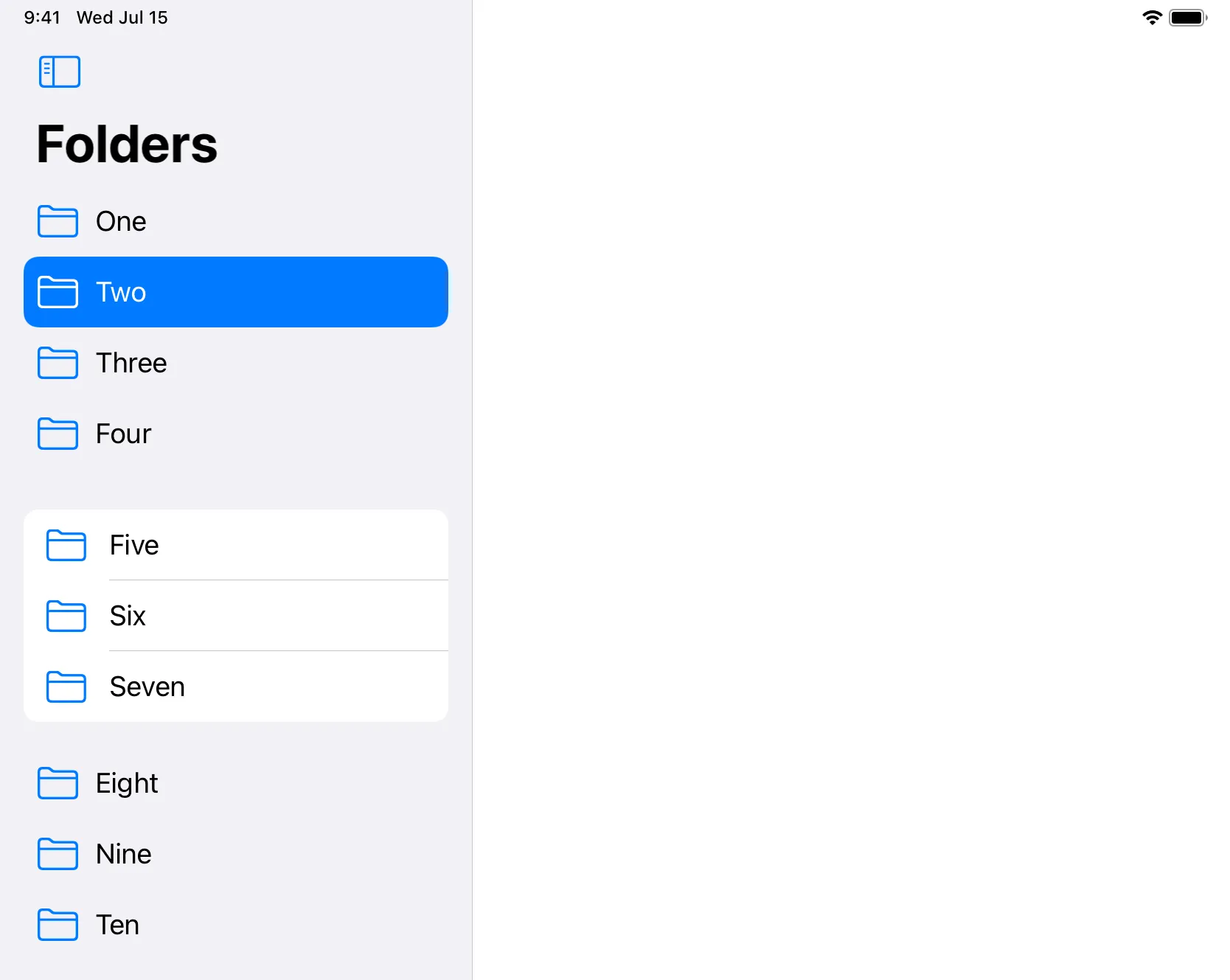 Screenshot of a sidebar showing four cells styled as regular sidebar cells, followed by three cells using the inset grouped style, followed by three cells using the regular sidebar style again.