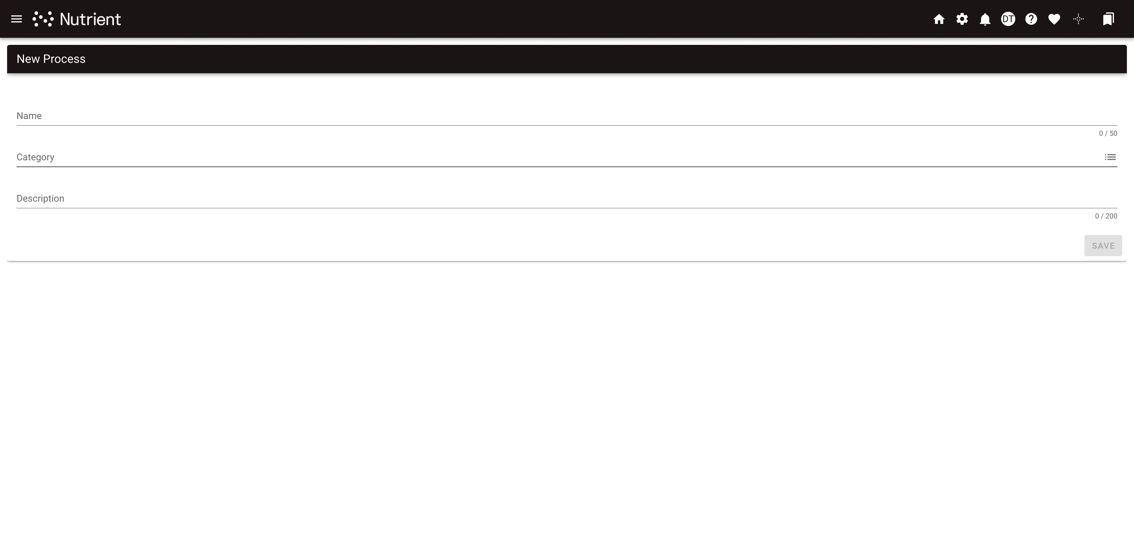 New Process dialog with Name, Category, and Description fields