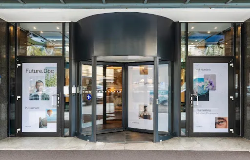 The entrance to our hotel, with Nutrient branding