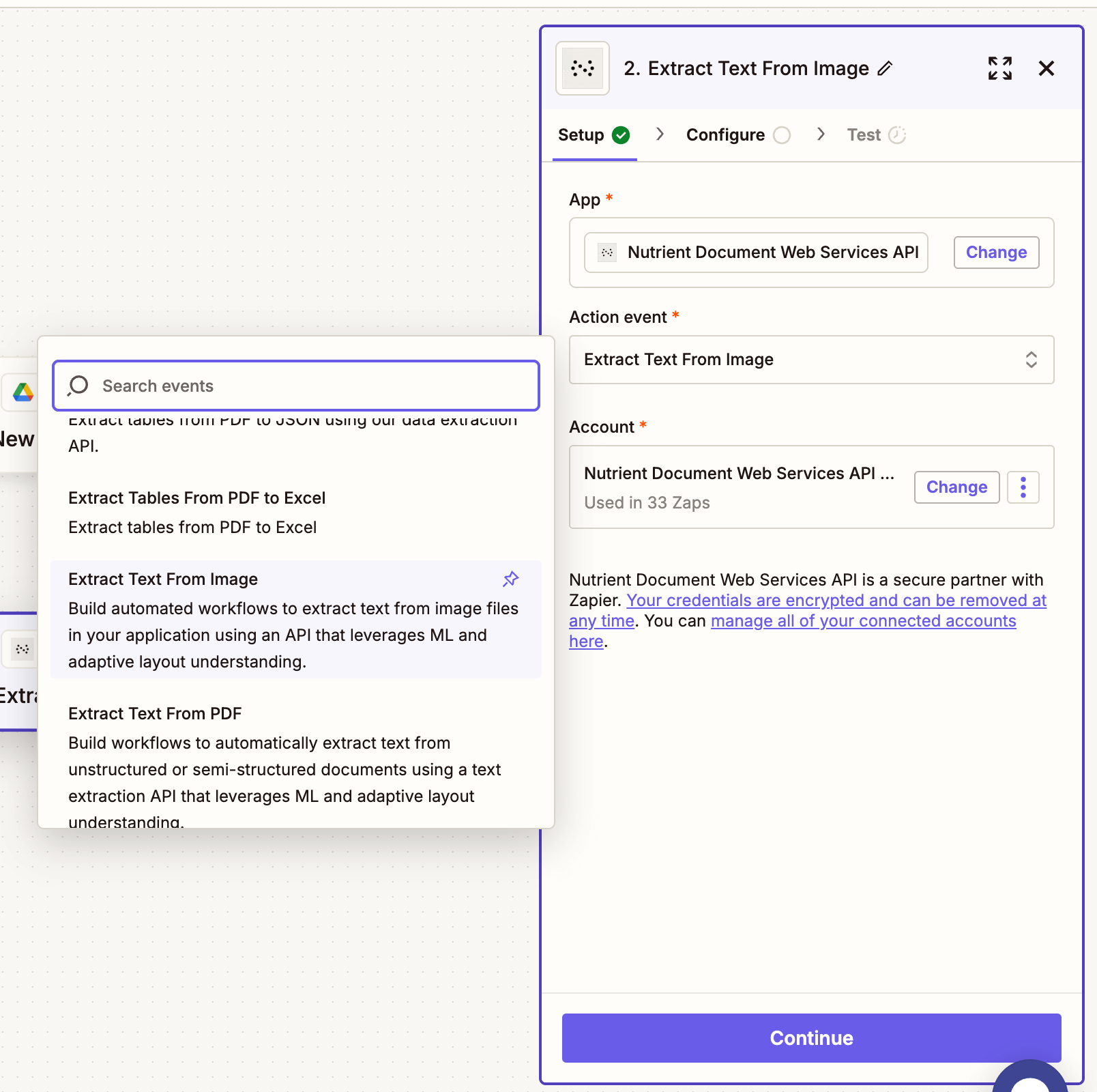 Extract Text From Image selected as action event