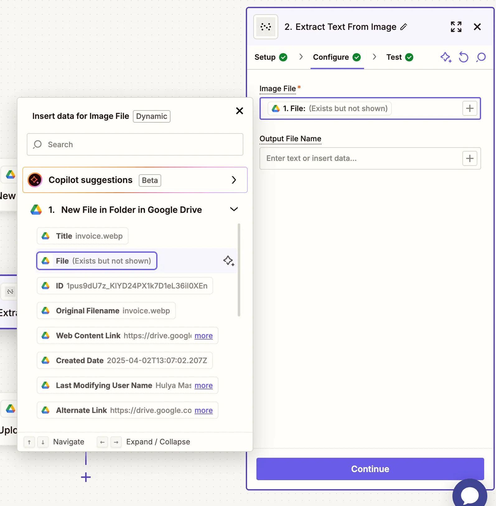 Action configuration showing image input and filename