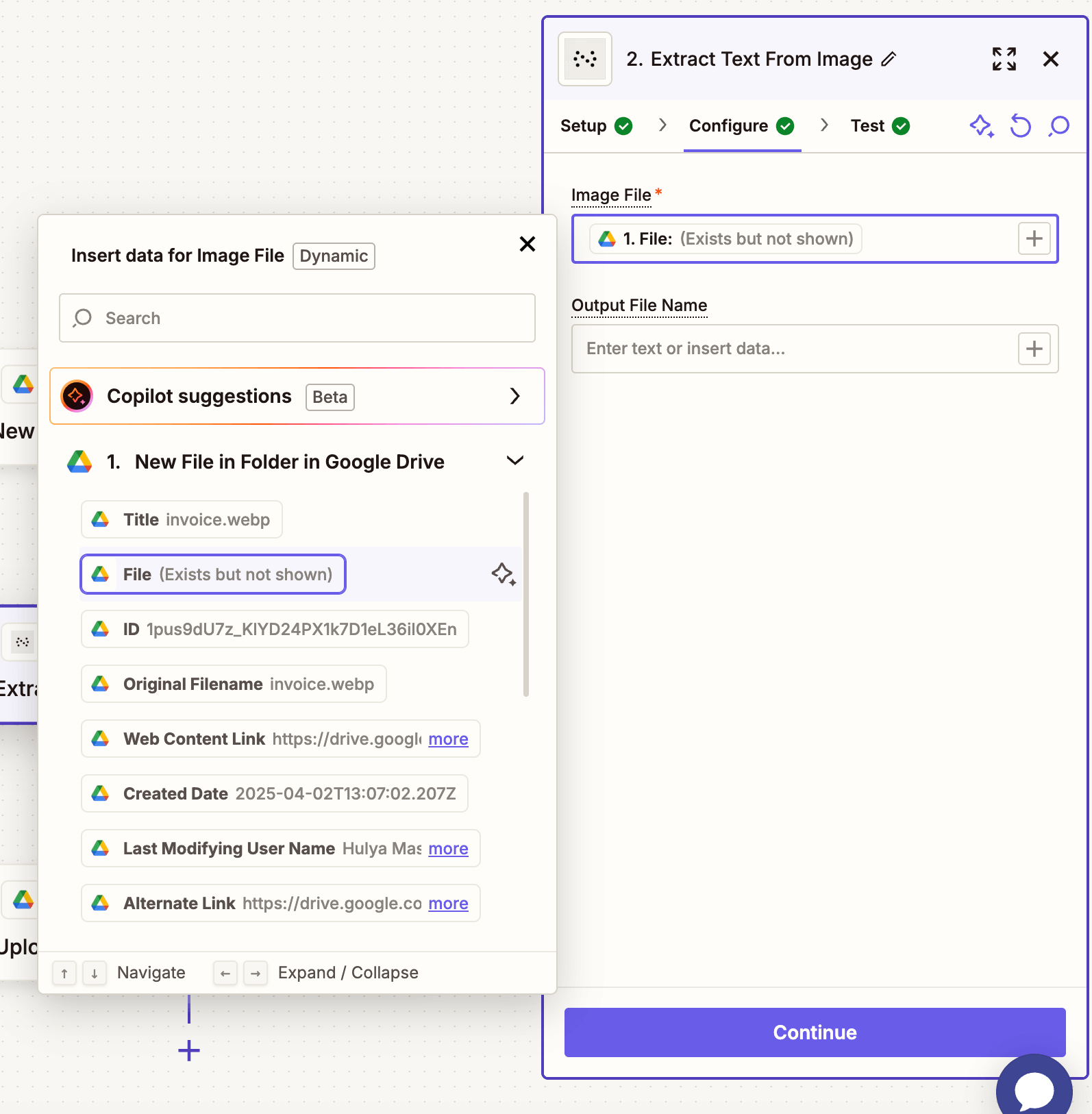Action configuration showing image input and filename