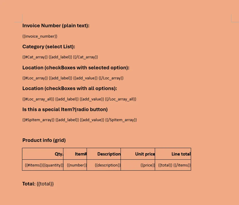 DOCX template example showing placeholders for dynamic data insertion