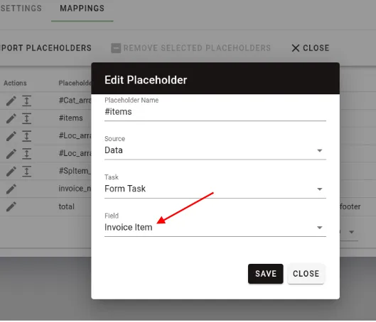 Grid mapping configuration with items placeholder connected to grid question
