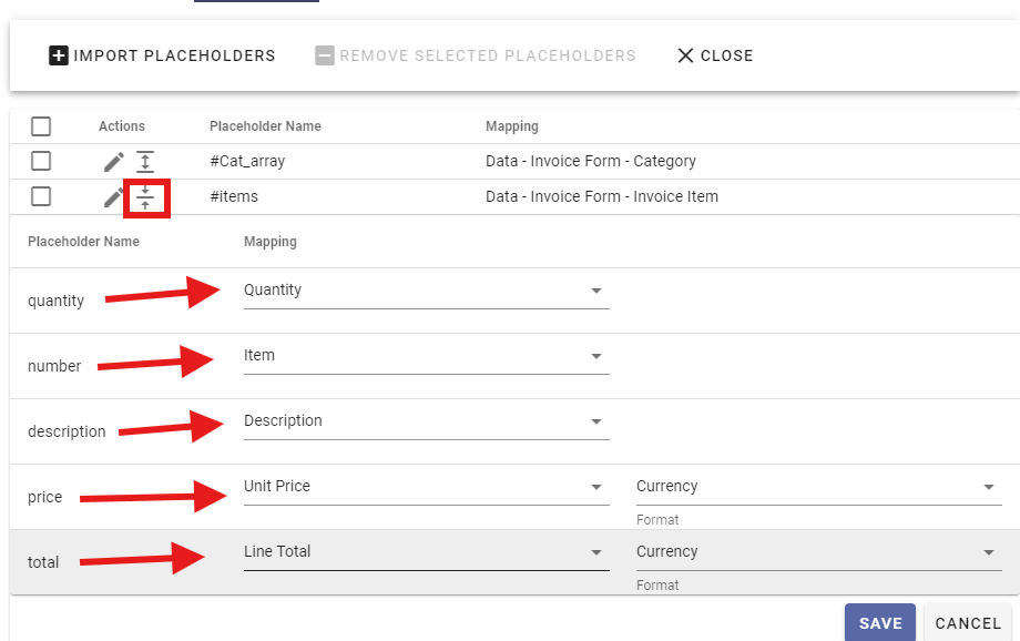 Grid column mappings showing individual placeholders assigned to grid columns with currency formatting