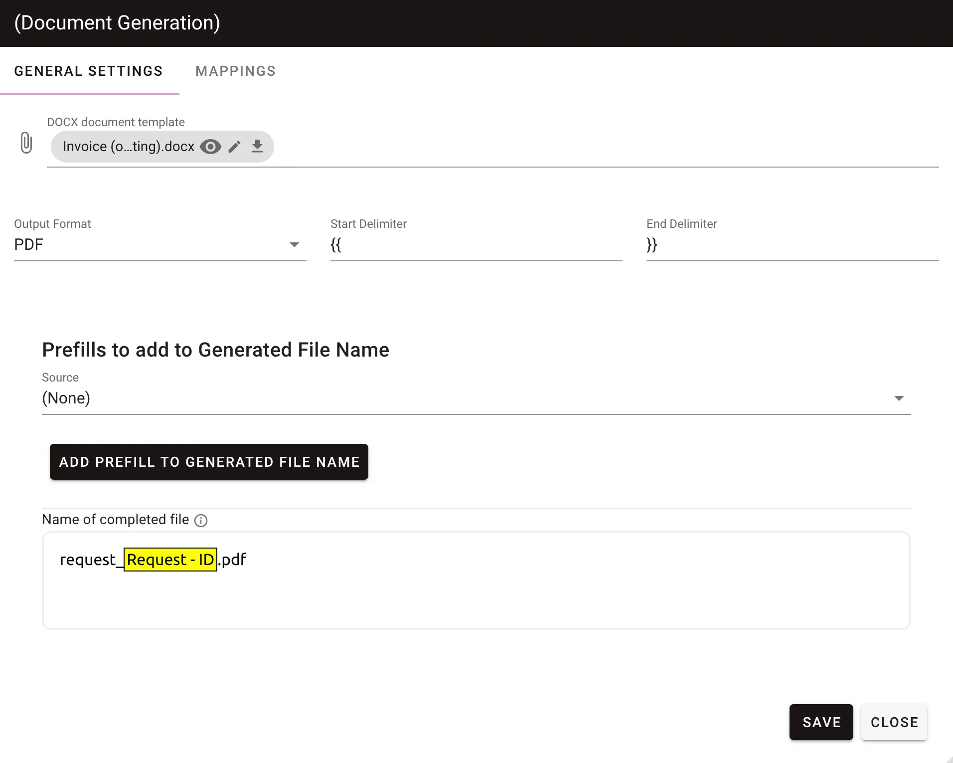 General Settings tab showing template upload, output format, and delimiter configuration