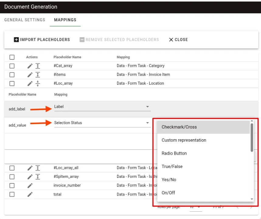 Loop placeholder internal mapping showing label and value assignments