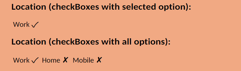 Example output showing checkbox options displayed as checkmarks and crosses