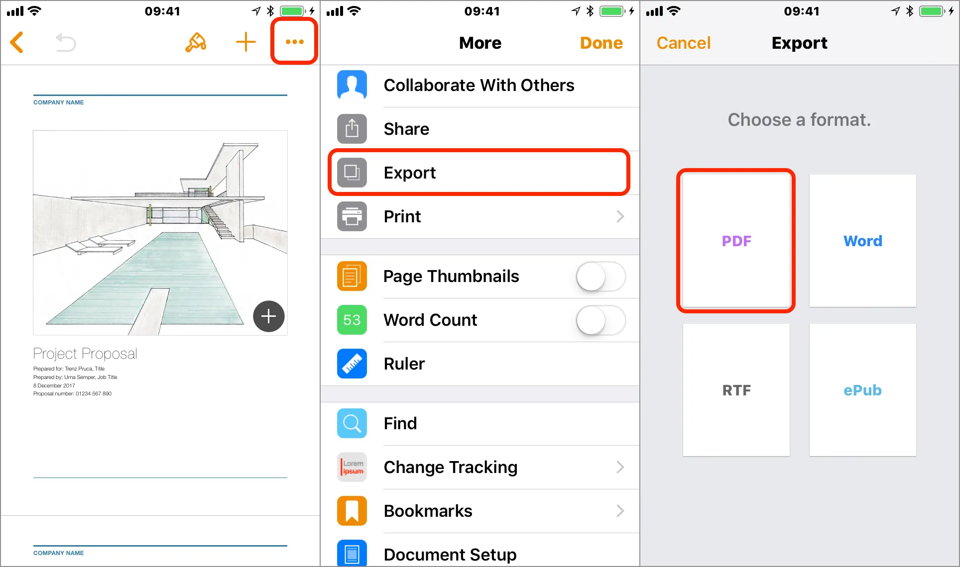 Screen shots of PDF export flow in Pages