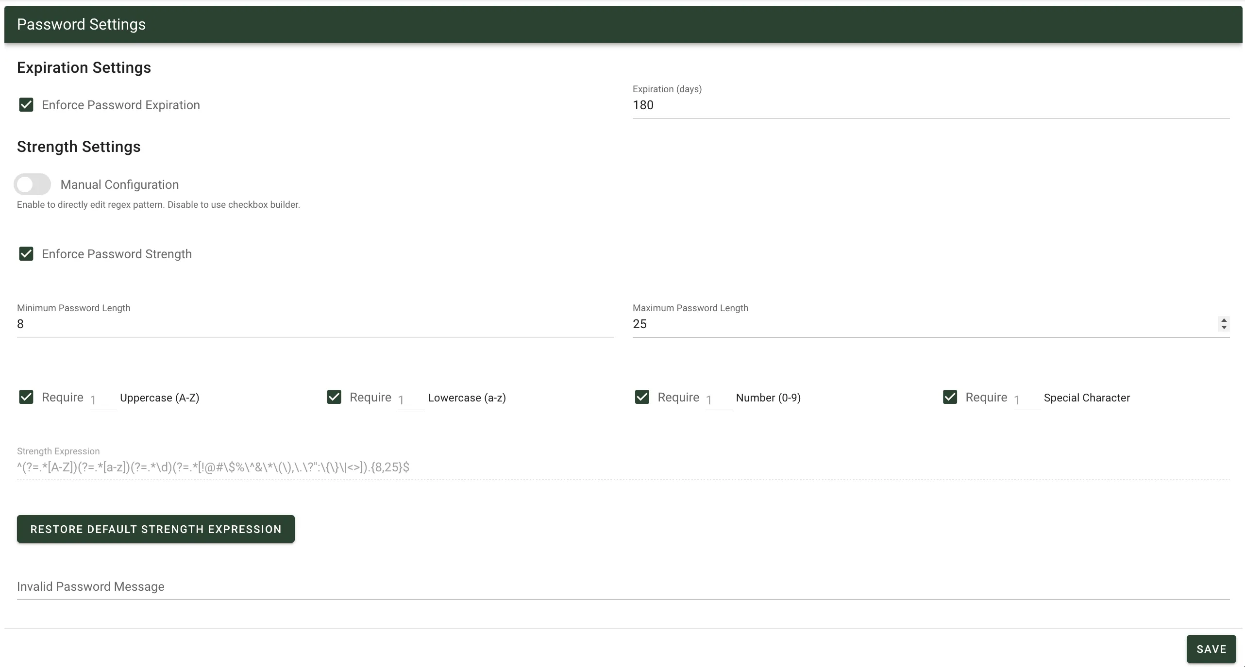 Password Settings configuration screen with expiration and strength options