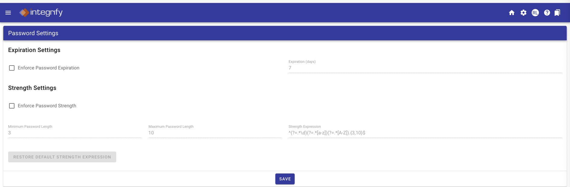 Password Settings configuration screen with expiration and strength options