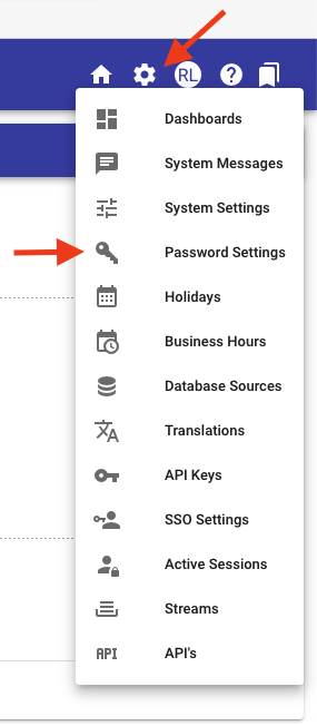 Settings menu showing Password Settings option