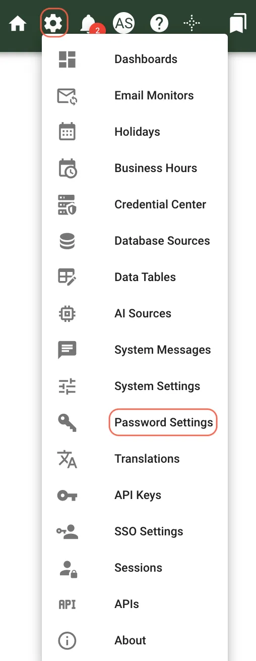 Settings menu showing Password Settings option
