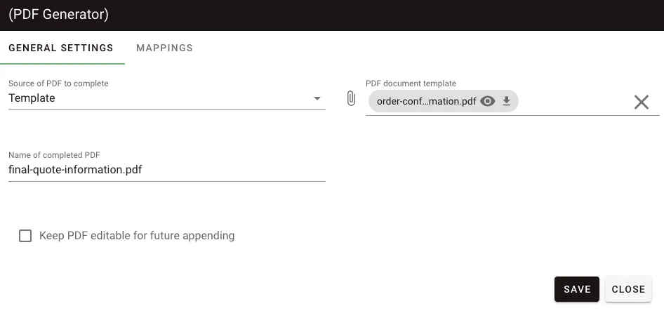 PDF Generator configuration settings showing template selection and output filename