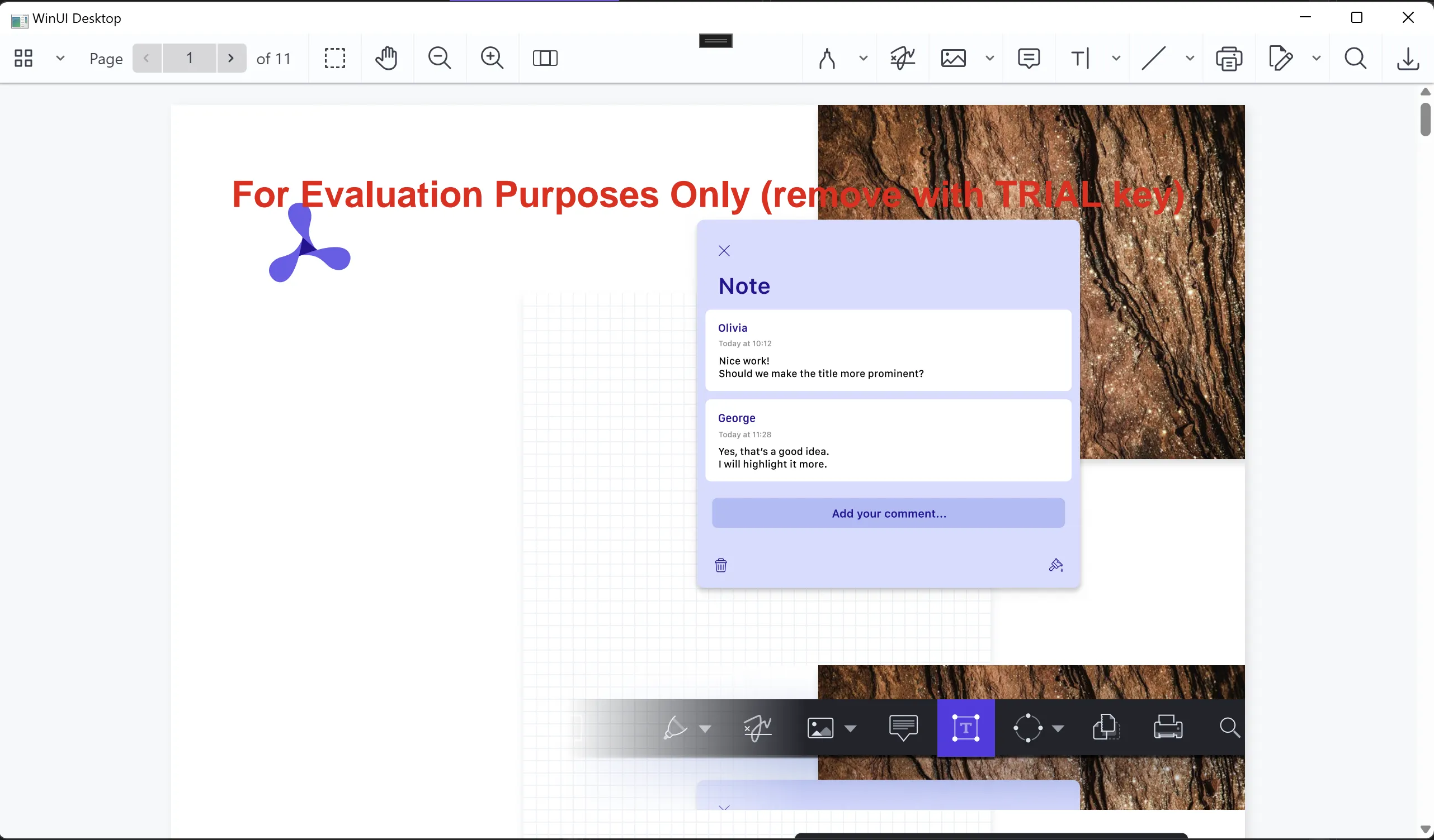 WinUI3 application displaying a PDF document in the Nutrient viewer with toolbar