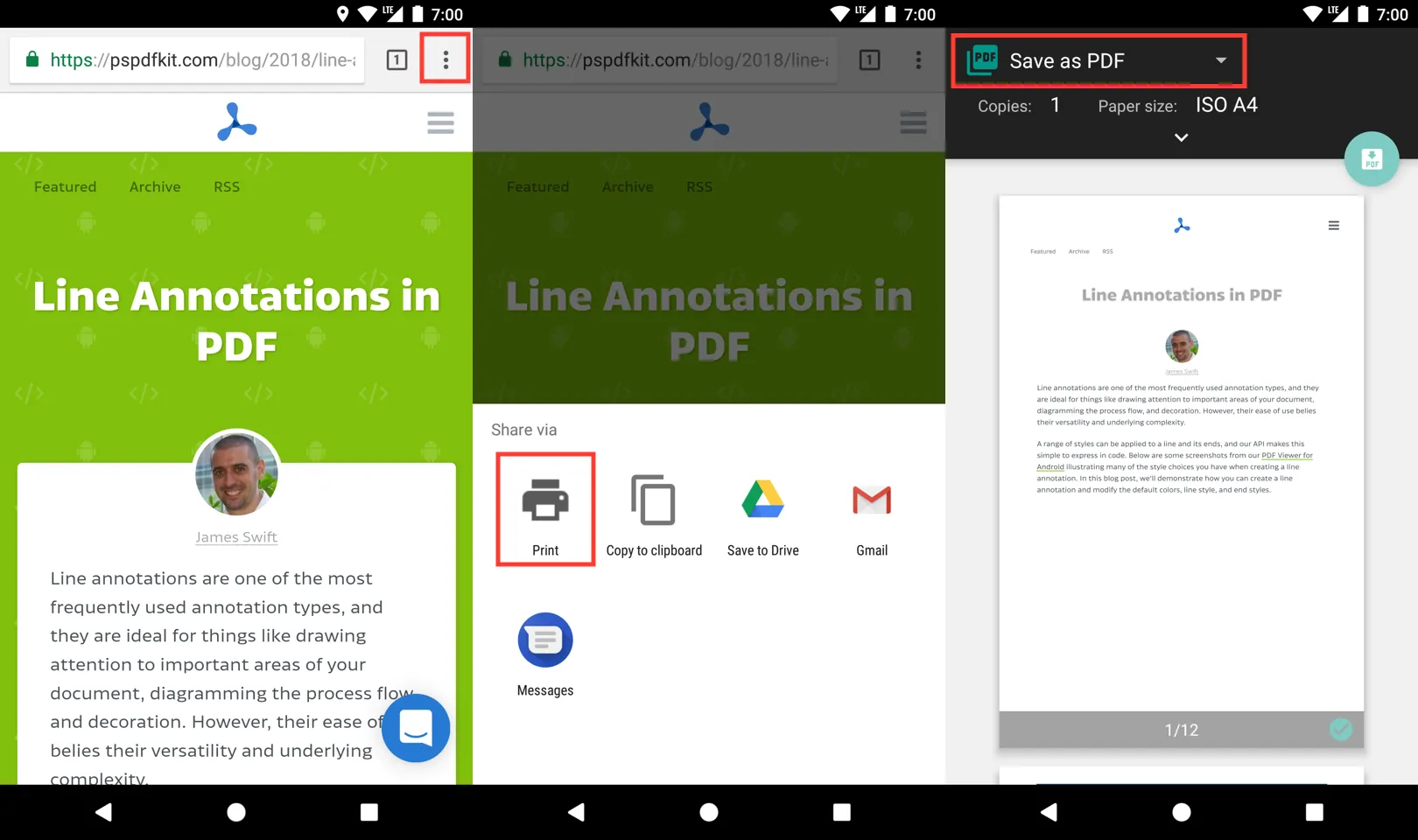 Screenshots of webpage, share dialog, and print preview