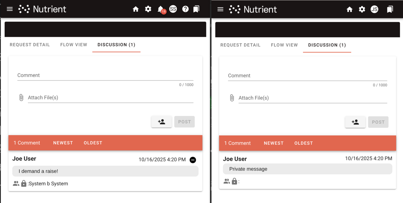 Side-by-side comparison of private message viewing for authorized and unauthorized users